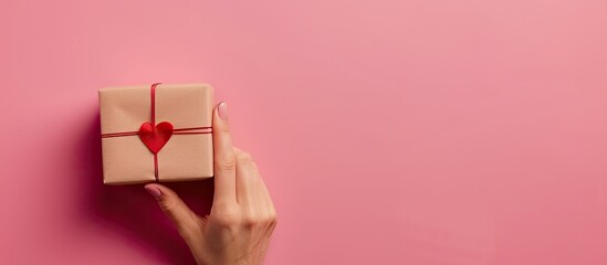 A woman's hand points at a red heart on a pink background with copy space. The flat lay features a hand and a gift box in a top view, representing Valentine's Day, spring, Christmas, and birthdays.