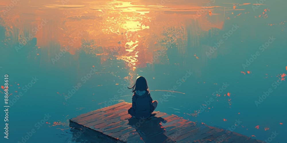 Poster solitude on the dock - contemplative person enjoying serene view with copyspace
