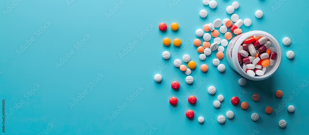 Aufkleber Flat lay top view of a spilled circle pill container on a blue background, focusing on the pills with an isolated setting for medical themes with copy space image.