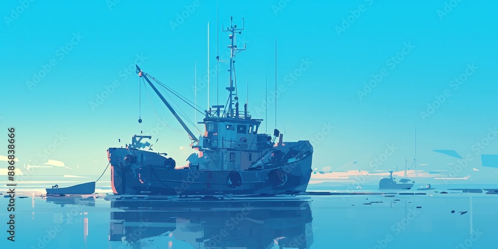 Poster serene solitude: a single boat in a quiet harbor with negative space for copy text or design element