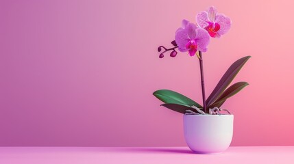 Purple artificial orchid in pot on vibrant background with copy space