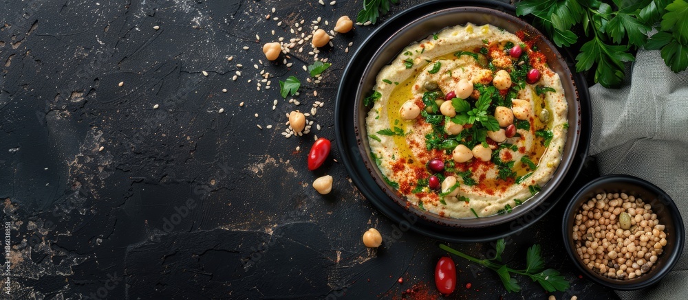 Aufkleber A top view of a classic hummus dish displayed with a blank area for additional image or text, known as a copy space image.