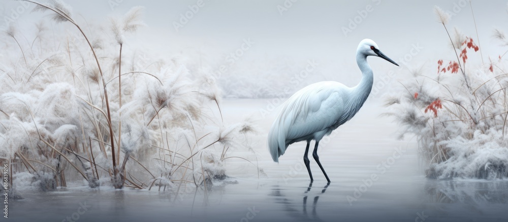 Poster grus japonensis in a winter setting with a natural snowy backdrop, creating a serene and peaceful at