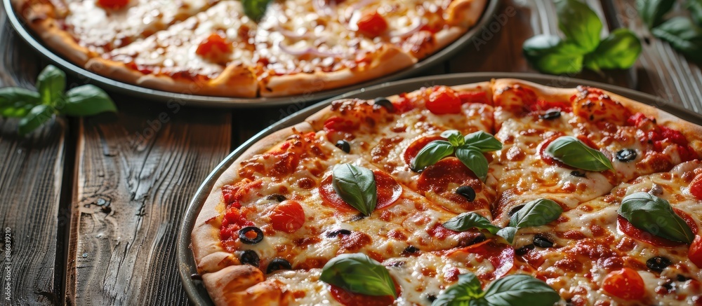 Poster High-resolution photo featuring two pizzas on a pan with copy space image available.
