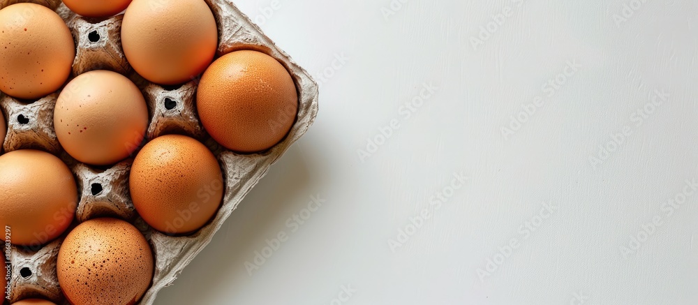 Poster eggs, fresh and appetizing, arranged in egg cartons on a white background with copy space image.