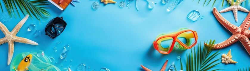 Creative flat lay template of snorkeling gear and beach reads for a relaxing summer holiday, with solid background and copy space on center