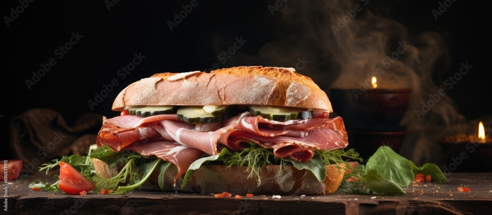 Poster Rustic background with copy space image showcasing a classic jamon sandwich.