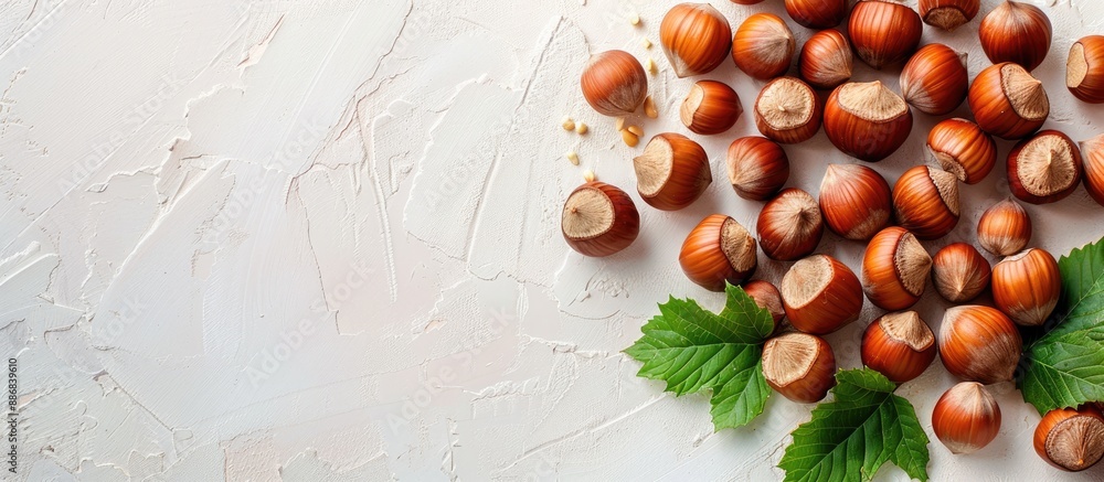 Poster Hazelnuts displayed beautifully with a delicate background in a top view copy space image.