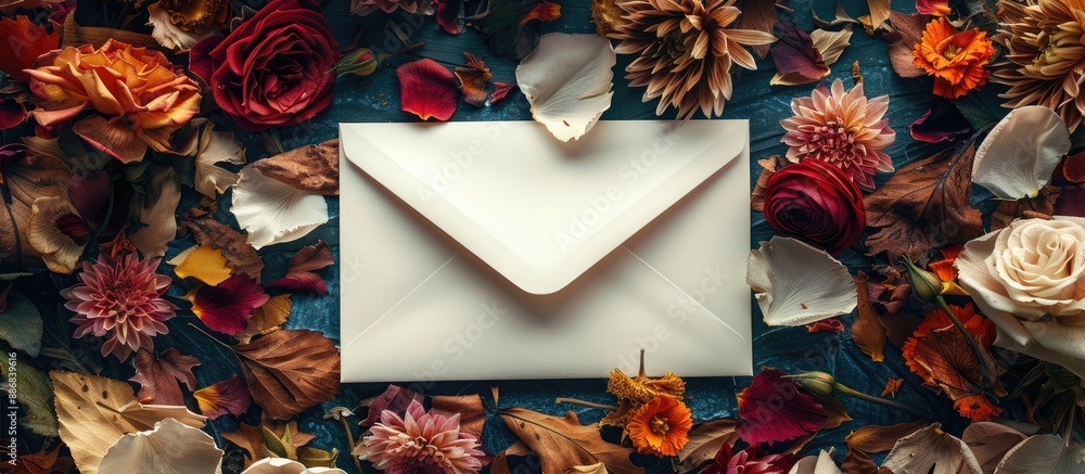Poster an envelope surrounded by dried petals and flowers, in a botanical style with a design ideal for an 