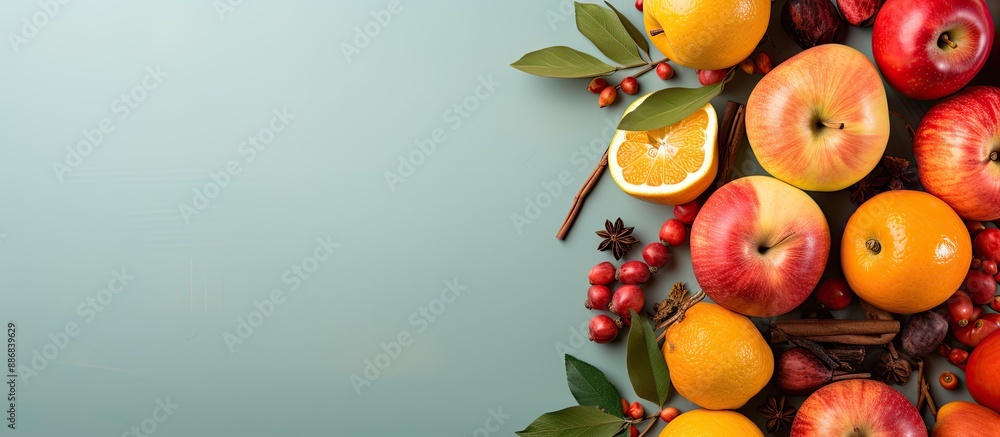 Aufkleber top view of jewish new year holiday attributes on colored background in a flat lay composition, conv