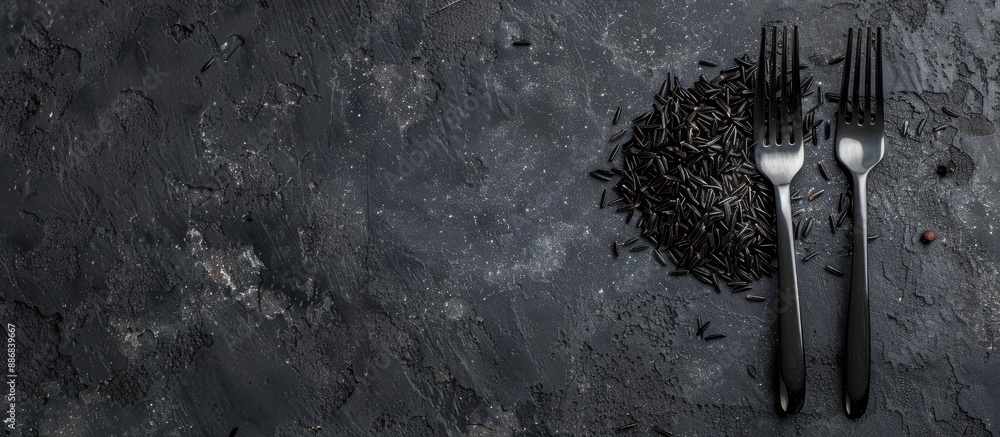 Poster a top-down picture featuring wild black rice on a black background with a fork, providing space for 