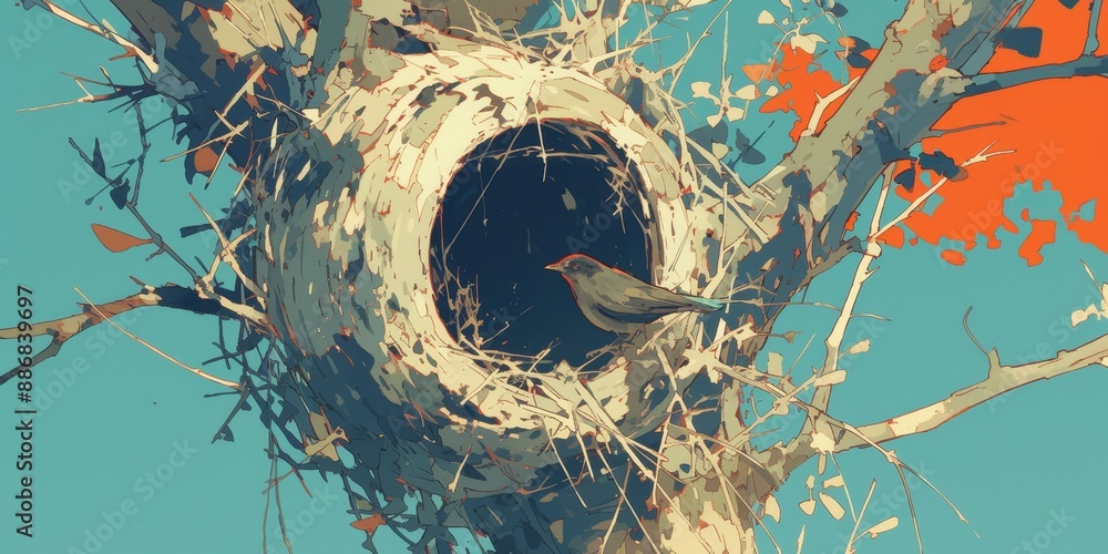 Poster serene bird's nest in tree with ample negative space for copy or design elements