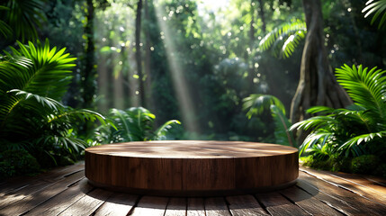 tropical garden in the jungle with round wood pedestal for product display mock up