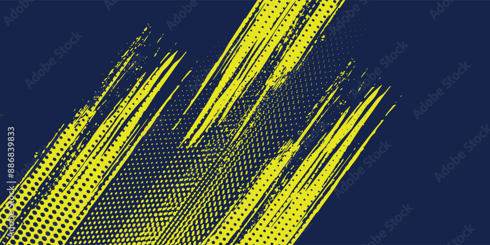 Poster yellow halftone on blue background. vector dotted sparkles or halftone shine pattern texture pop art
