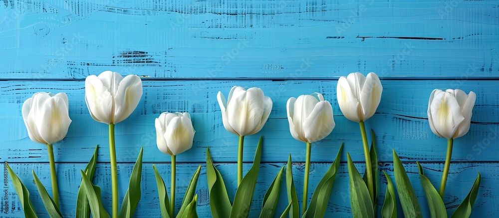 Poster a serene backdrop with white tulips creates a picturesque spring setting on a blue wooden surface, p