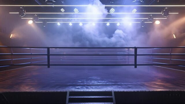 Professional boxing ring with spotlights and smokey background, martial arts sport