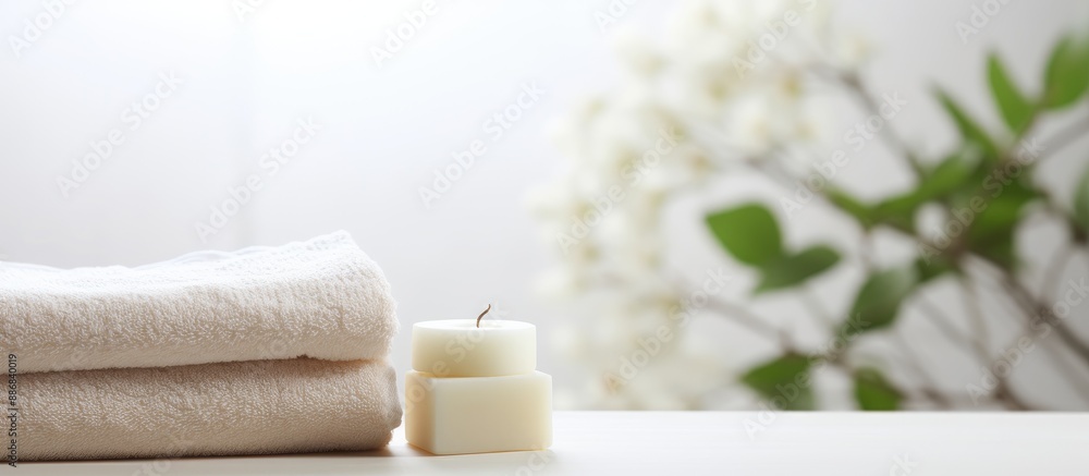 Aufkleber Ceramic soap and towel on a blurred white spa background with ample copy space image.