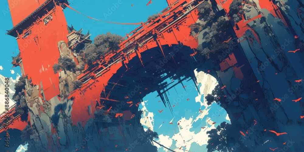 Poster solitary bridge: tranquil view of a single bridge over a serene river with negative space