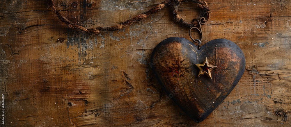 Poster a rustic wooden and metal christmas heart displayed on a weathered brown background, ideal for holid