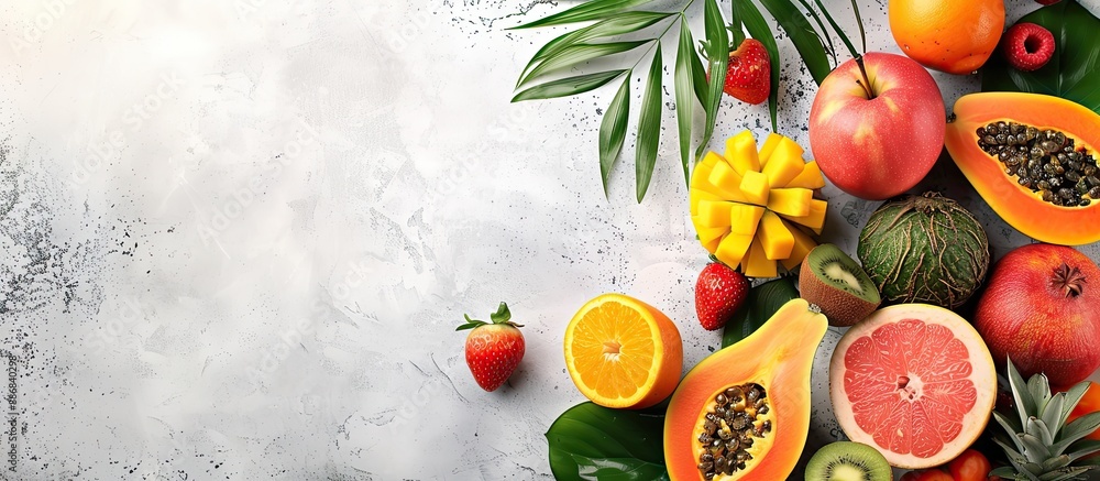 Poster exotic fruits on a background with ample copy space image.