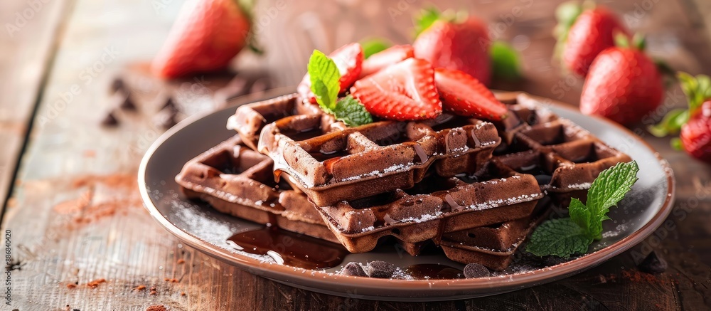 Poster A ceramic plate with a stack of chocolate waffles topped with strawberries and mint, creating a visually appealing presentation with ample copy space image.