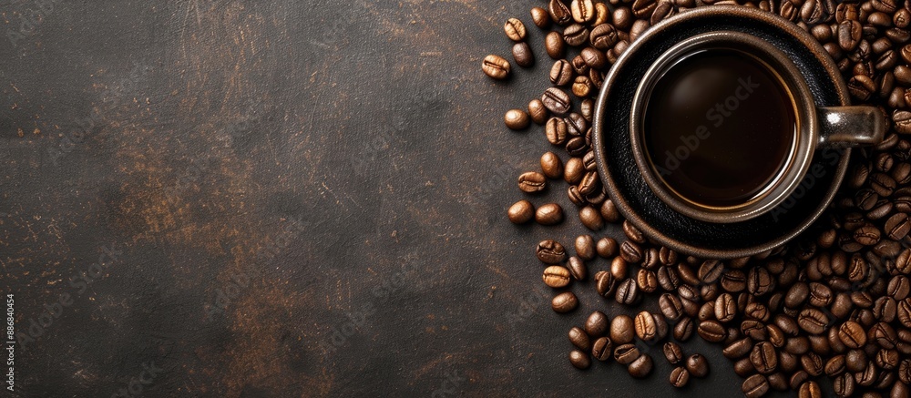 Aufkleber Coffee cup and coffee beans are displayed on a table with empty space for text or logos known as a copy space image.