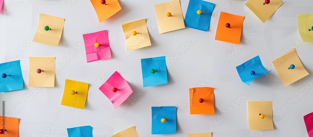 Poster post it notes with pushpins displayed on a white background, providing ample copy space image.