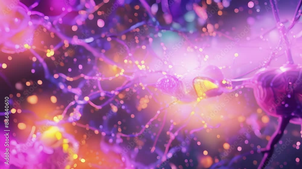 Poster vibrant fluorescent microscopy image showing the active movement of microglia in response to brain i