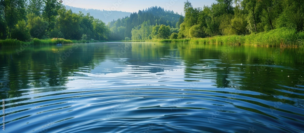 Poster blue river with a reflective water surface creating a peaceful scenery, suitable for copy space imag