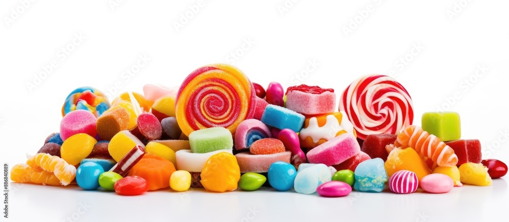 Poster Various types and flavors of candies up close on a white background with copy space image.