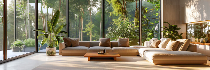 Fototapeta premium The interior design of the bright and light living room is in Scandinavian style, with summer view windows, high ceilings, stylish beige furniture and decorative plants.