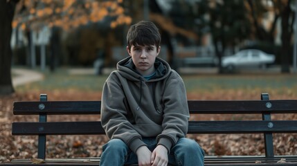 Fototapeta premium Pensive Polish Teenager on Park Bench in Autumn Setting, Ideal for Mental Health Awareness, Youth Support