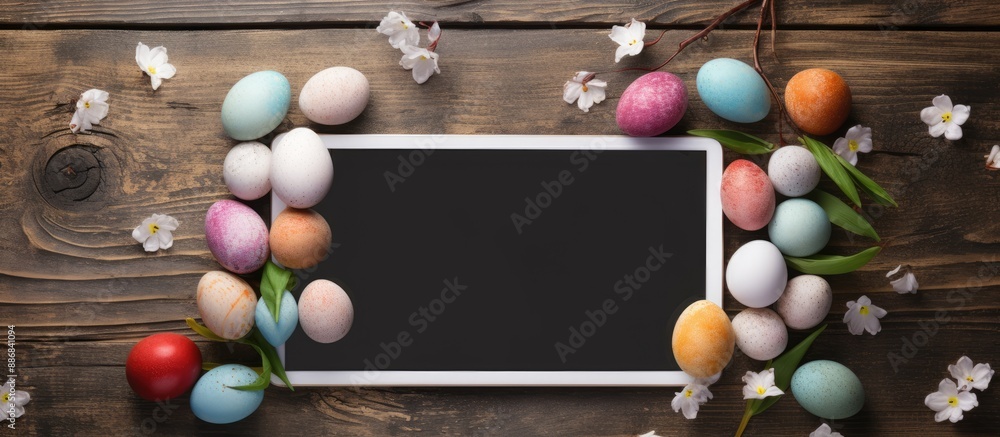 Poster On a wooden table, there is a tablet with a blank screen and painted eggs displayed, creating a charming composition with a copy space image.