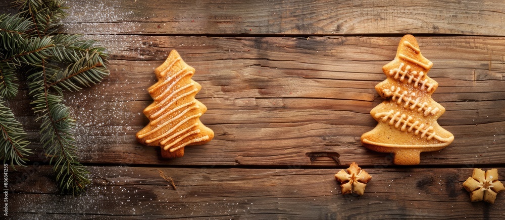 Poster christmas tree-shaped cookie on a wooden background with copy space image.