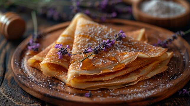gourmet crepes ideal, delightful crepes in triangle shape, drizzled with honey and sprinkled with lavender petals, exude elegance and refinement, perfect for upscale dining promotions - Powered by Adobe