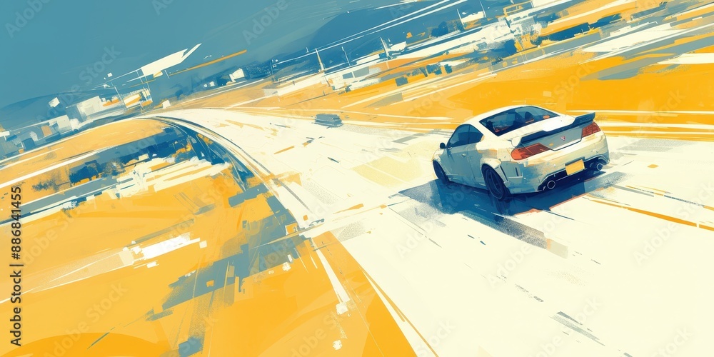 Poster solitude in motion - minimalist shot of a car driving alone on isolated road with empty space for co