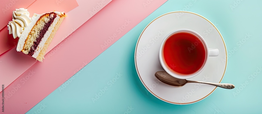 Poster cake on saucer and cup of tea on pastel paper background with copy space image.