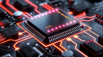 Modern digital patterns of circuit boards in bold neon colors, ideal for technology-themed presentations and ads. Illustration, Image, , Minimalism,