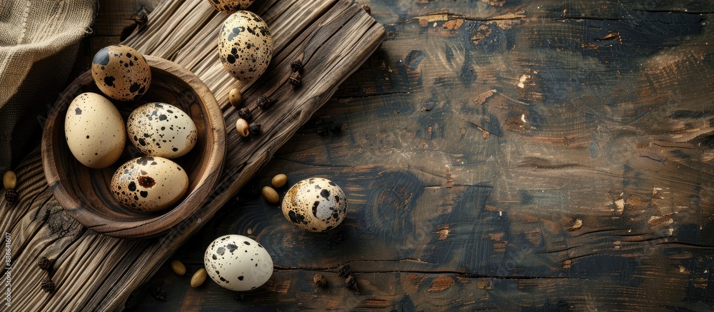 Poster Quail eggs displayed on rustic wooden boards with a clear section for additional content in the image.