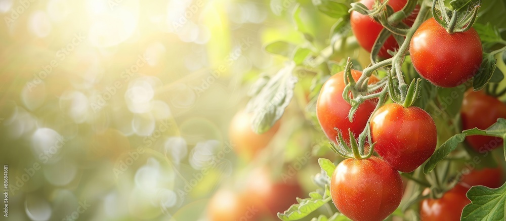 Aufkleber Selective focus on red tomatoes growing on branches with copy space image available.