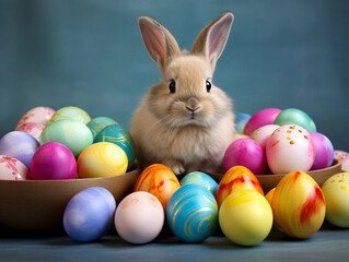 Cute Bunny and Colorful Easter Eggs