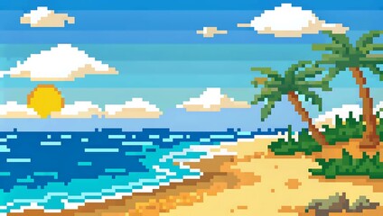 view from the beach , empty ocean and sunrise , pixel art
