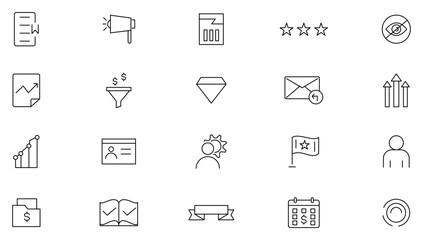Sales management line icons set. Marketing, advertising, sales, business, goals, focused, technique, employer, important, product and containing outline icon collection. UI thin outline icon set.