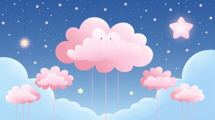 Whimsical patterns of hand-drawn clouds and stars in soft pastels, perfect for creating a dreamy backdrop for presentations. Illustration, Image, , Minimalism,