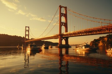 Fototapeta premium View of the bridge suspended at night, generative IA