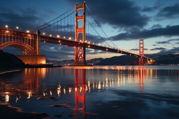 Naklejka premium View of the bridge suspended at sunset, generative IA