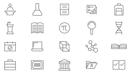 University line icon set. Education, e-learning, school, subjects, science, online learning, college, training, idea, teacher, file, graduation hat, institute outline icon collection. UI thin icon set