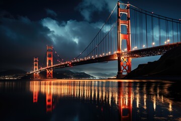 Naklejka premium View of the bridge suspended at sunset, generative IA