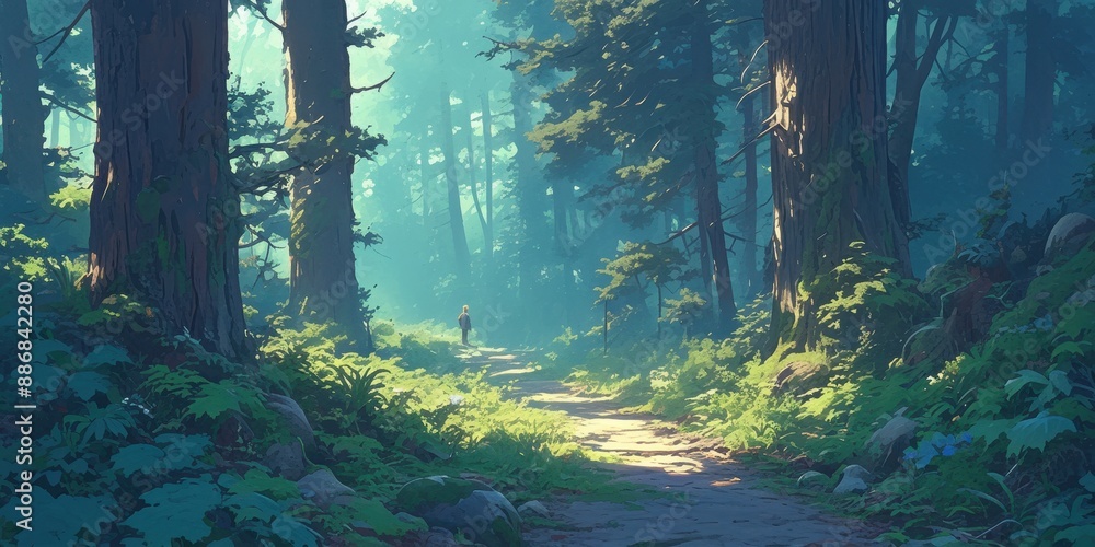 Poster tranquil forest path with negative space