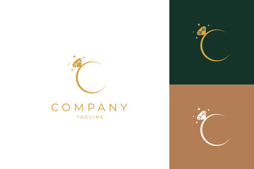 Diamond Ring Jewelry logo with crescent moon shape in luxury elegant gold flat vector design style